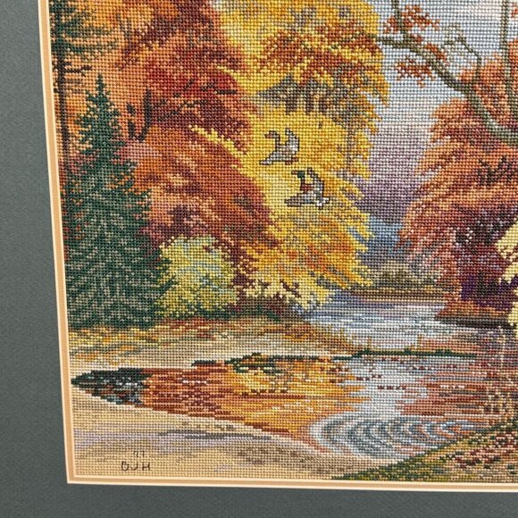 1997 Vintage Embroidered Picture Forest Lake Art With Wooden Frame 30" L x 25" H - Picture 16 of 16